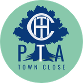 PTA logo: Blue tree silhouette, white letters "CHT" within a circle, blue "PTA" and "TOWN CLOSE" on a green circle.