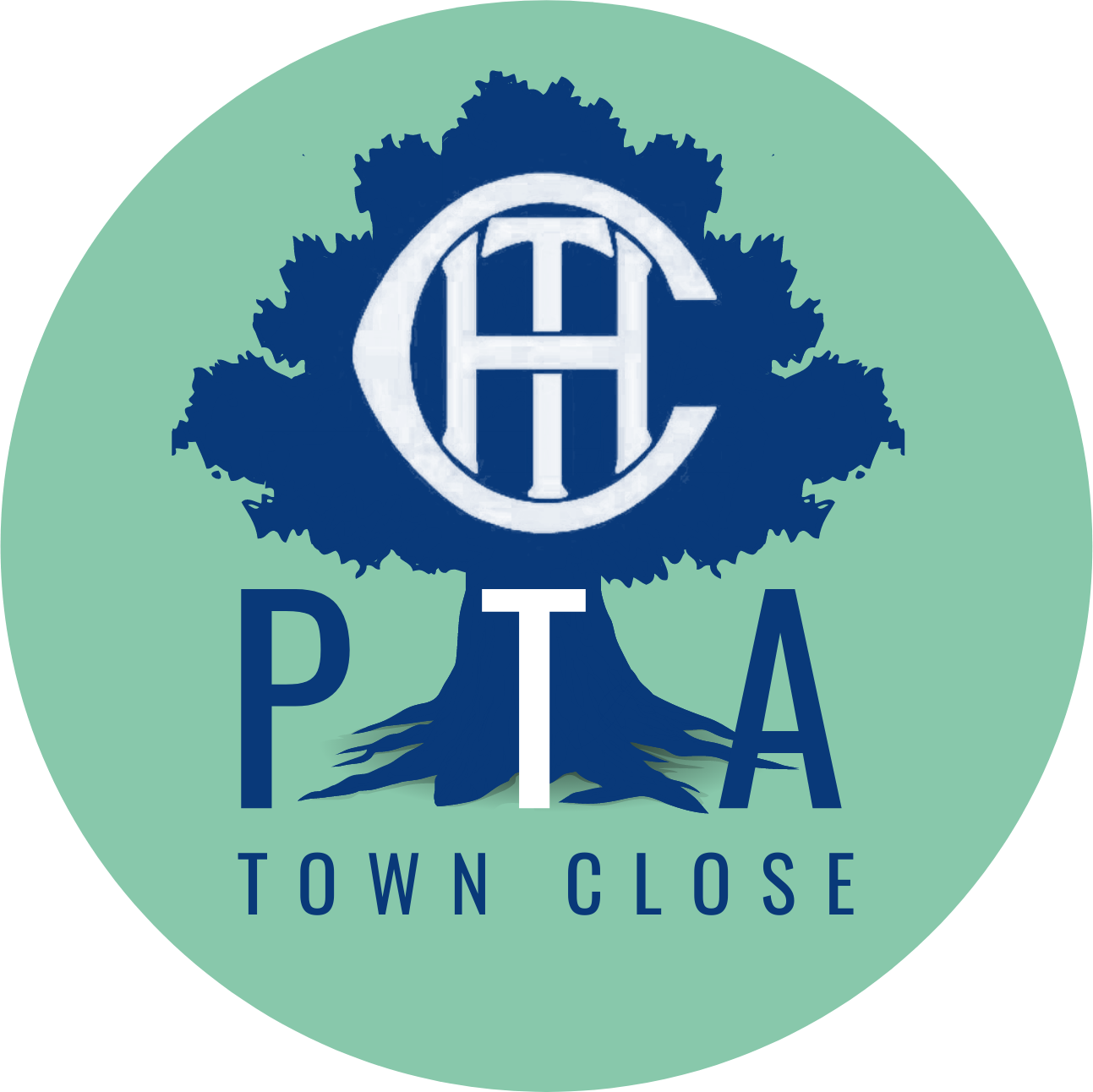 PTA logo: Blue tree silhouette, white letters "CHT" within a circle, blue "PTA" and "TOWN CLOSE" on a green circle.