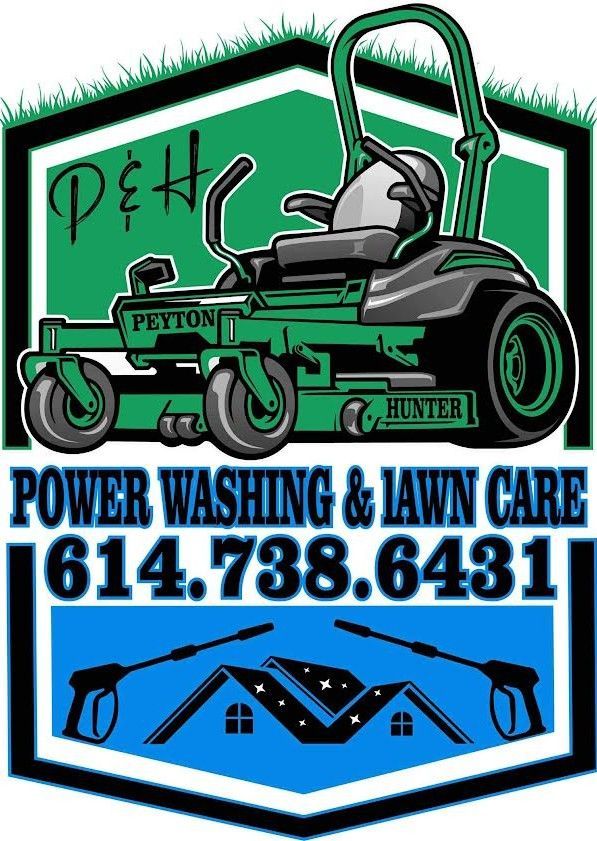 Green-and-blue power washing and lawn care logo with lawn mower and phone number 614-738-6431