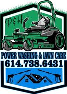 Green-and-blue power washing and lawn care logo with lawn mower and phone number 614-738-6431