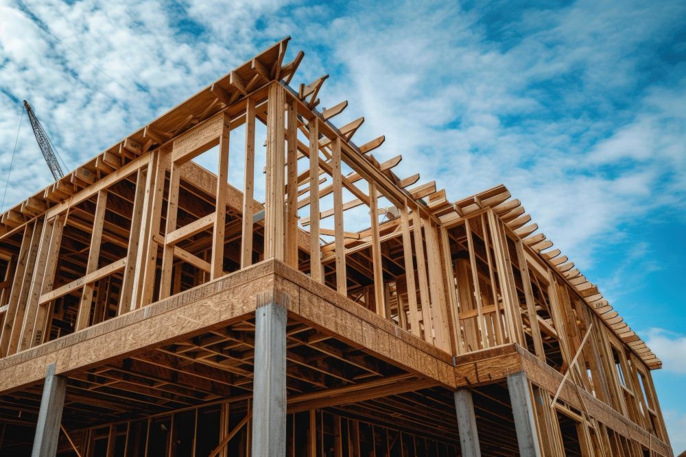 Wooden house framing under construction against a blue sky