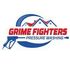 Grime Fighters Pressure Washing logo with blue house, red roof, and blue pressure washer spray