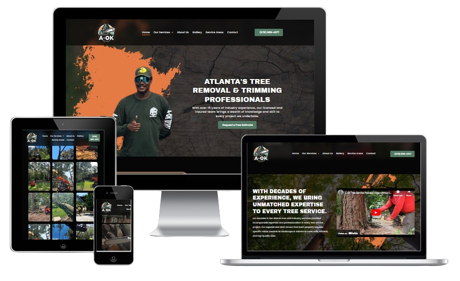 Responsive website shown on desktop, laptop, tablet, and phone screens against a white background
