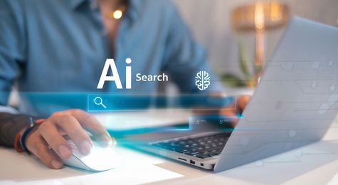 Hands typing on laptop with glowing AI search interface overlay and magnifying glass icon