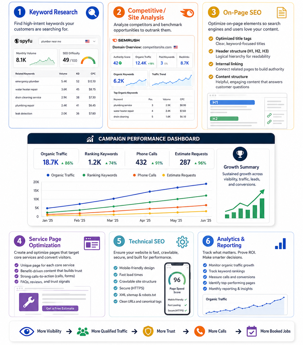 Dashboard-style infographic with cards, charts, and progress bars on business performance and analytics.