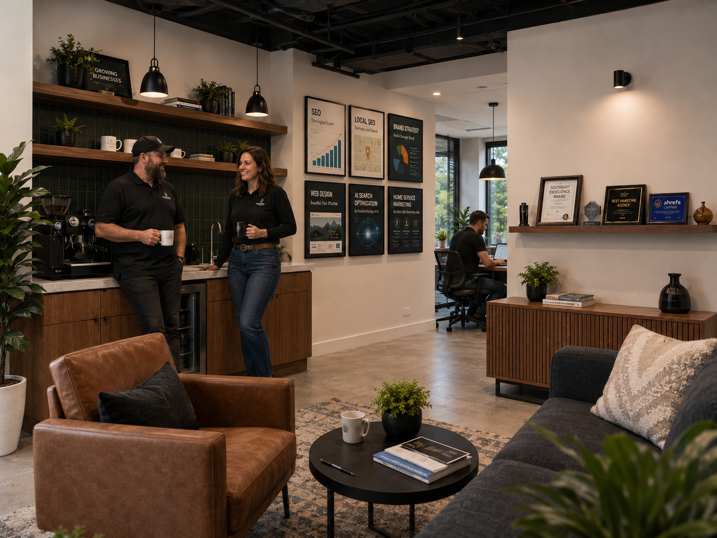 Cozy café lobby with two people chatting by the counter, leather chairs, and wall menu boards