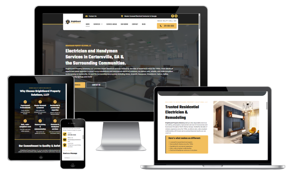 Responsive website shown on desktop, tablet, and phone screens