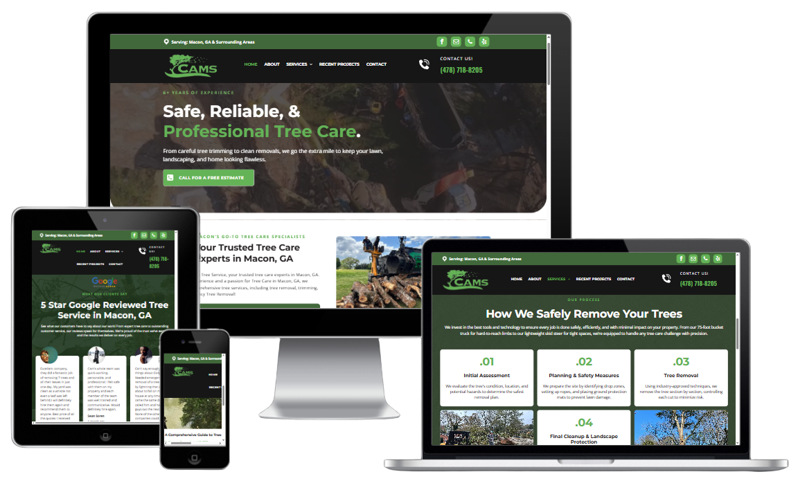 Responsive website displayed on desktop, laptop, tablet, and phone screens with a green-and-black design