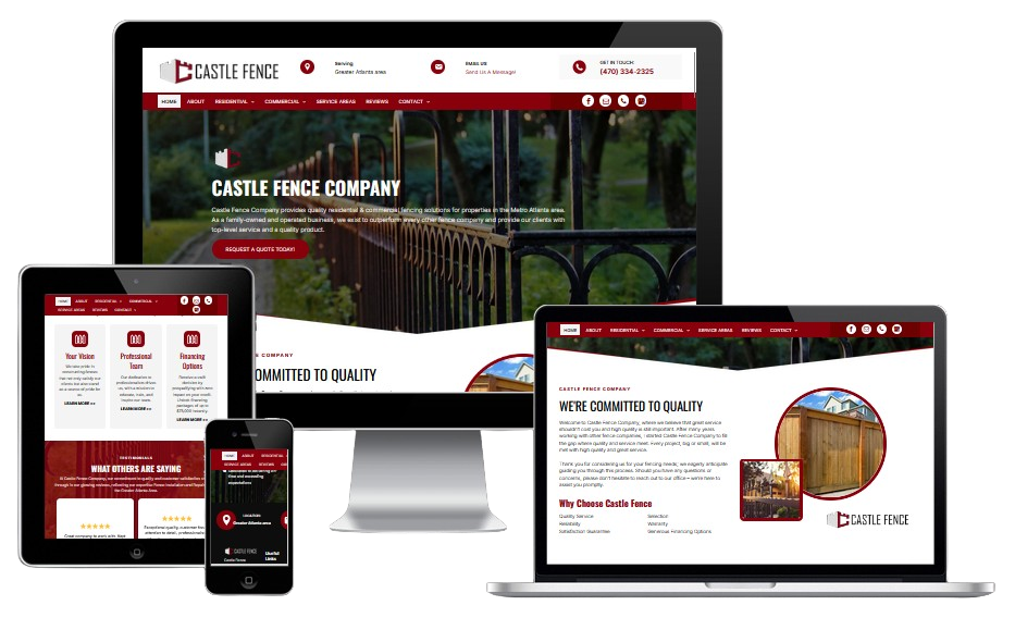 Responsive website mockup on desktop, tablet, and phone with a red-and-white design