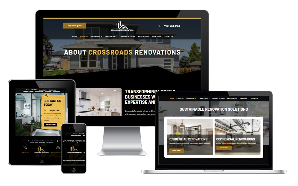 Responsive website mockup displayed on desktop, laptop, tablet, and phone with a black-and-gold design.