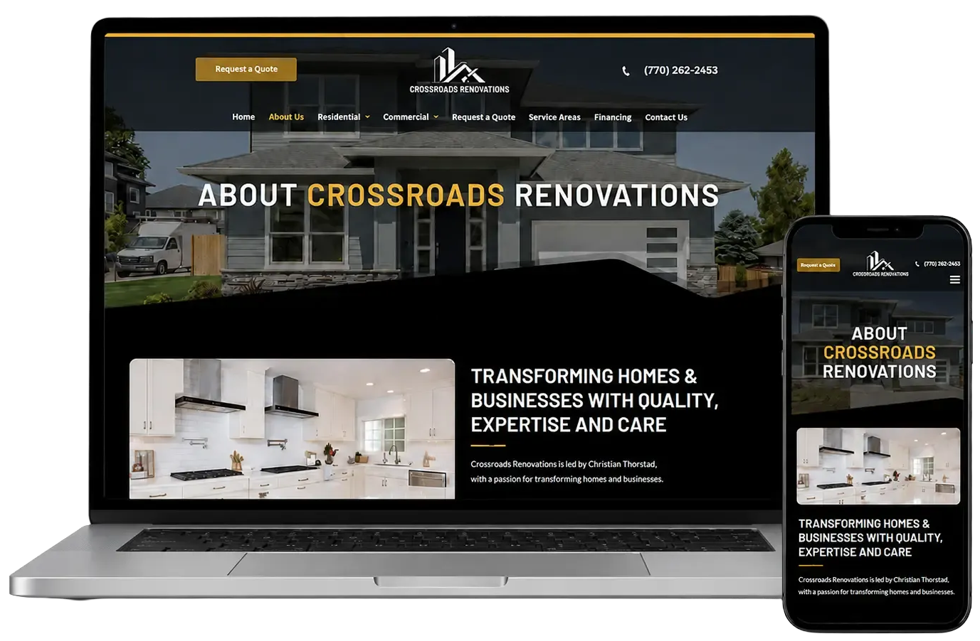 Website mockup for Crossroads Renovations shown on a laptop and smartphone screens