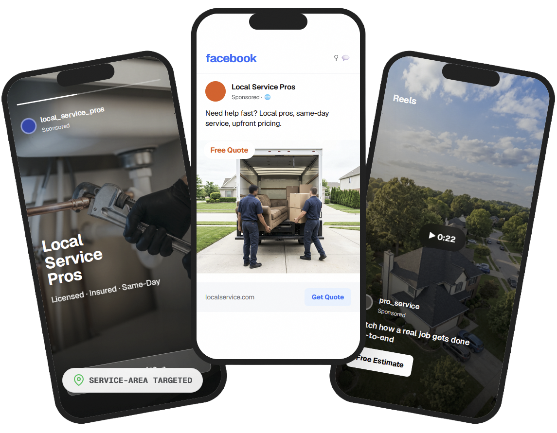 Three smartphone screens showing app interfaces, including a local service post and a Facebook-style feed.