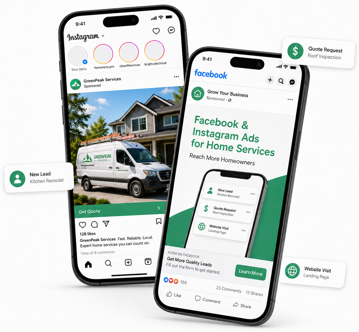 Two smartphones showing a Facebook ad for home services, with a green-and-white van and house photo