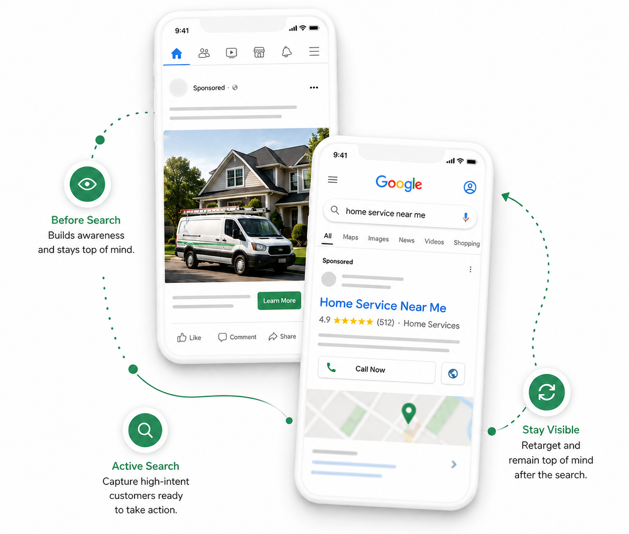 Two white smartphones show Google search and a home service listing on a light background.