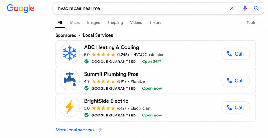 Google search results for “heating repair near me” showing local HVAC and plumbing businesses with call buttons
