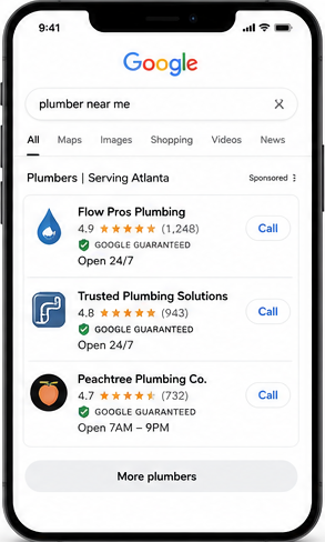 Google search results for “plumber near me” showing local plumbing businesses with ratings and Call buttons