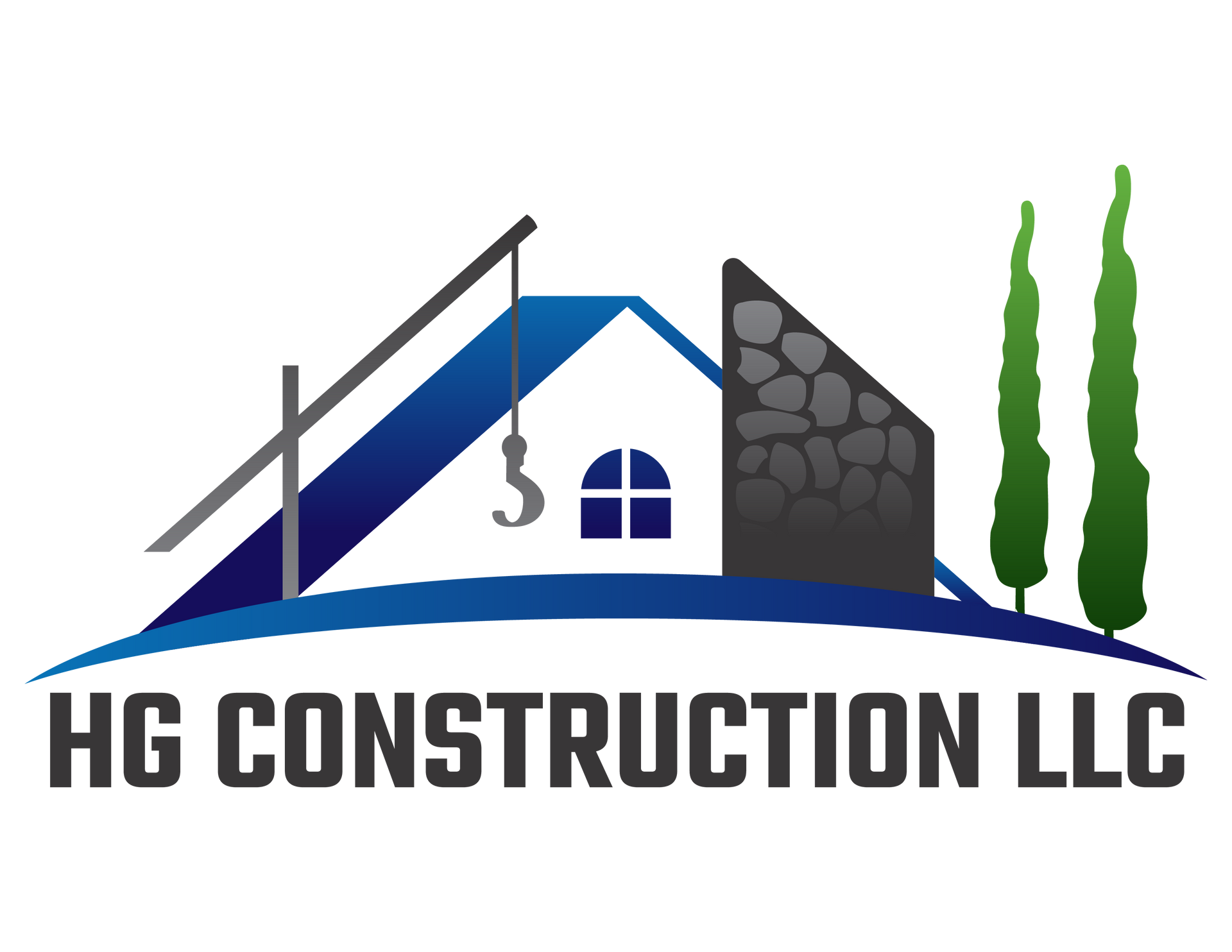 SEMrush Certified Agency Partner HG Construction LLC logo with house, crane hook, stone wall, and green trees