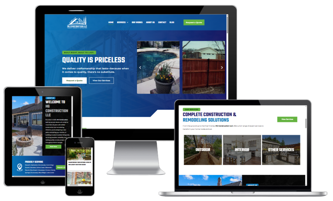 Website shown across desktop, laptop, tablet, and phone in a blue-and-white responsive web design mockup