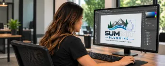 Person holding a branding mockup beside a desktop monitor with design thumbnails on screen