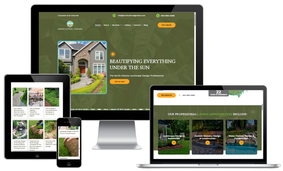 Responsive real estate website shown on desktop, laptop, tablet, and phone screens