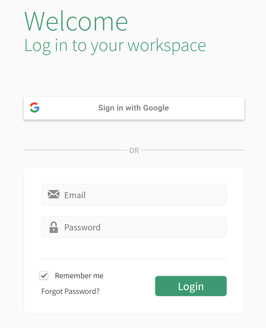 Login page with Google sign-in, email and password fields, and a green Login button