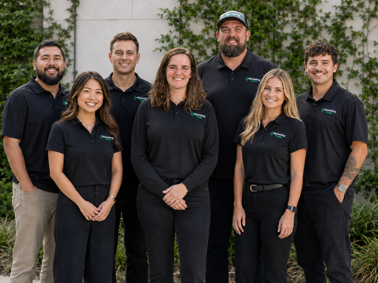 Marketing Vines Team Photo Group of six people in black shirts standing together outdoors in front of greenery and a white wall