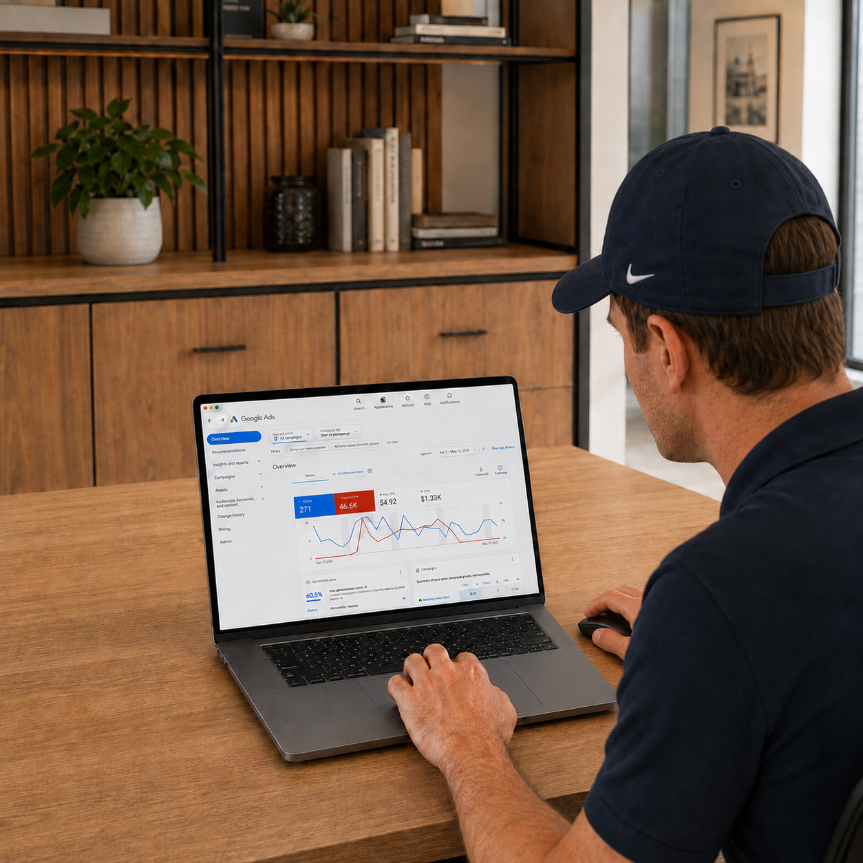 Person in a navy cap using a laptop at a wooden desk in a home office.