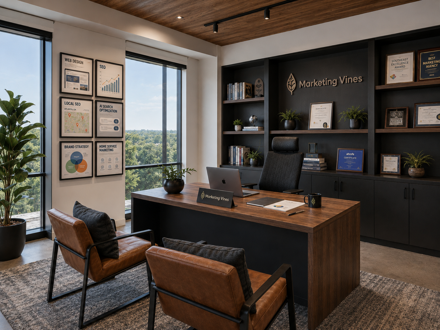 Modern office with a wooden desk, framed certificates, dark shelving, and large windows overlooking greenery.