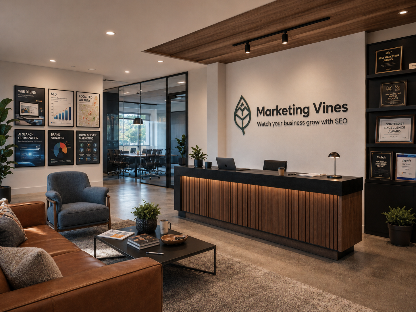 Modern office reception area with a wood-front desk, lounge chairs, and “Marketing Vines” wall sign