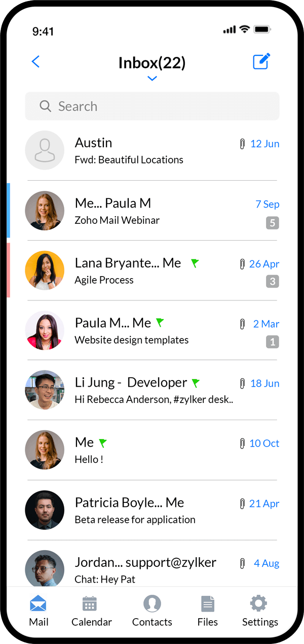 Mobile inbox screen showing a list of messages with profile icons, search bar, and bottom navigation tabs.