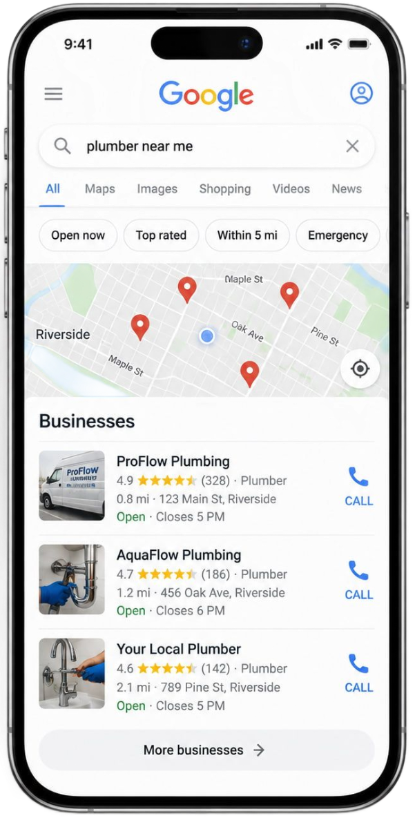 SEO landing page with maps, search results, and icons explaining local service area visibility