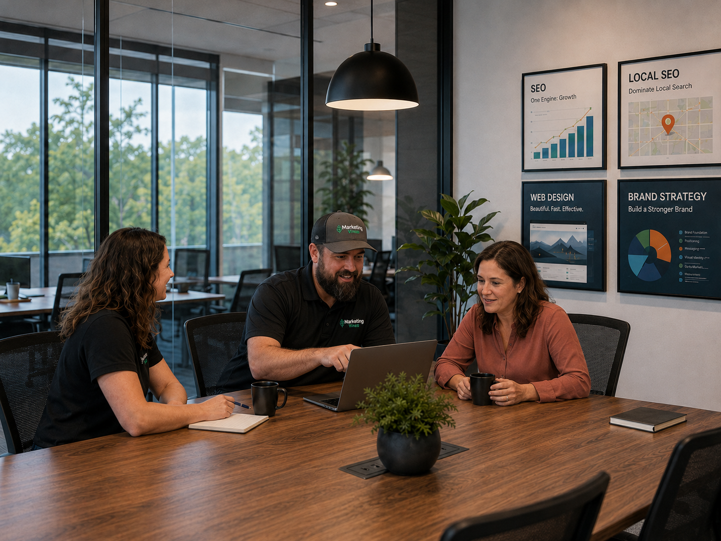 Three people in a modern conference room discussing around a wooden table with charts on the wall.