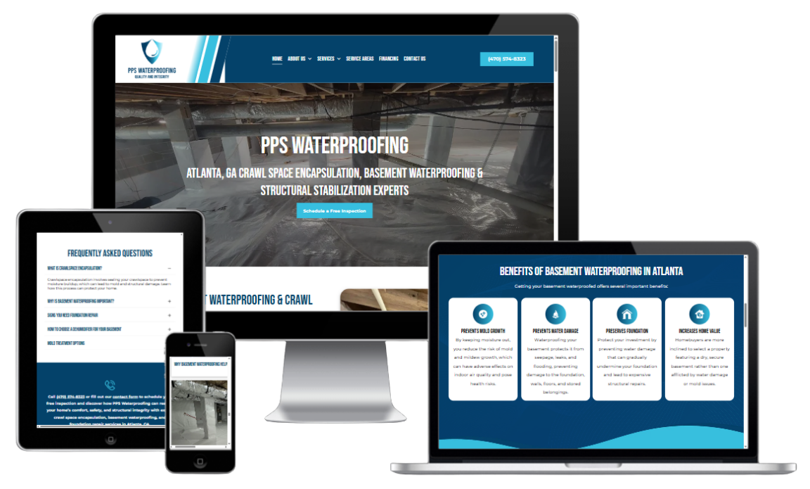 Responsive website mockup displayed across desktop, laptop, tablet, and phone screens