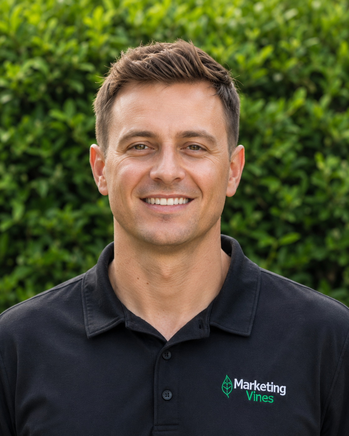 Paul Graff, Paid Media & Lead Generation Specialist Smiling man in a black polo shirt standing outdoors before green hedges