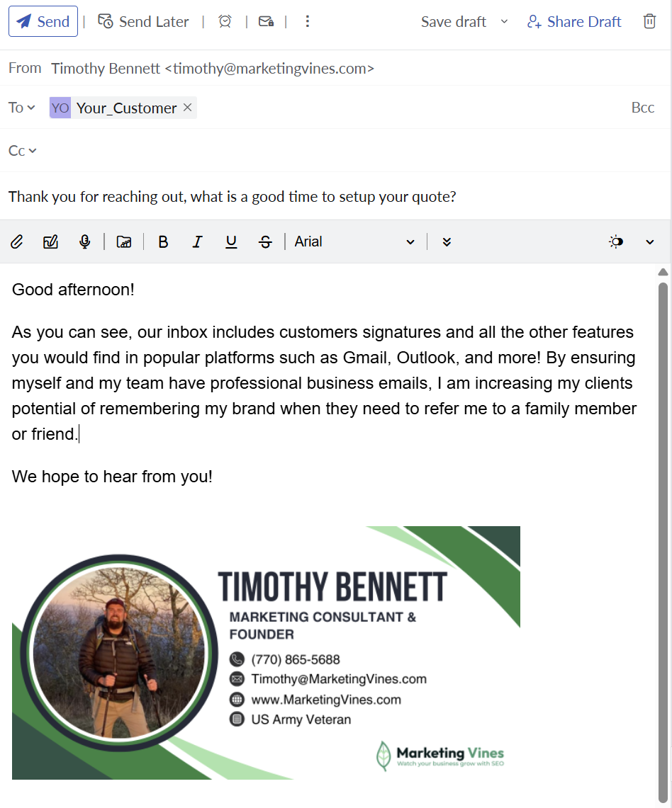 Email draft with a business signature for Timothy Bennett and a circular profile photo
