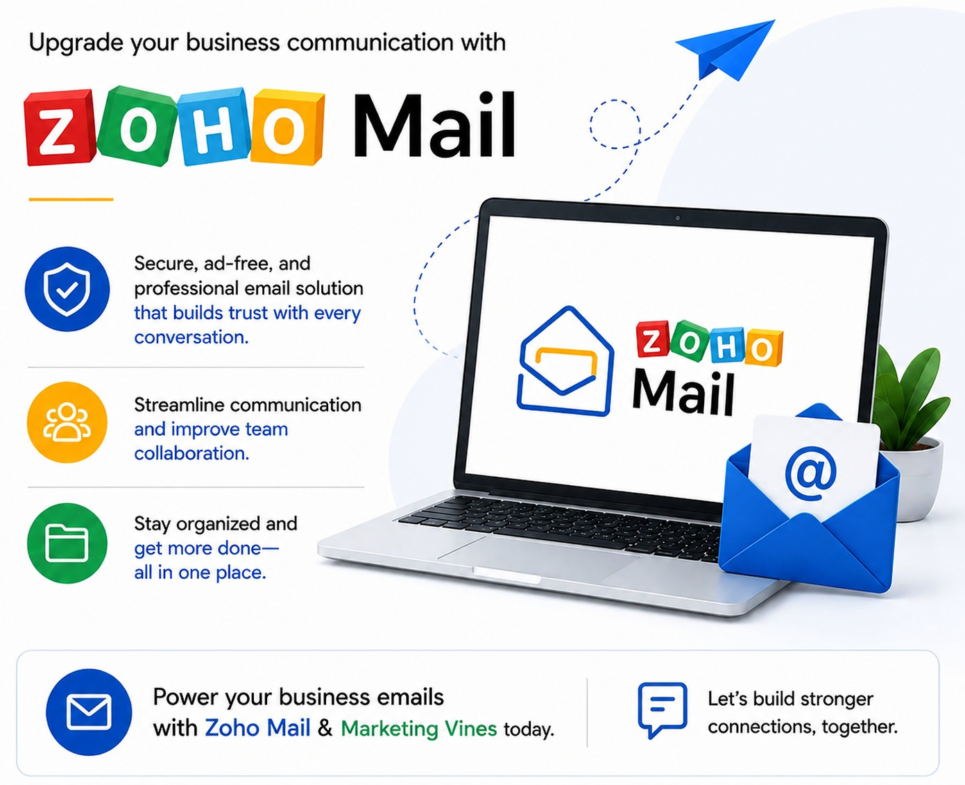 Zoho Mail promo with laptop, email envelope icon, and feature badges on a white background