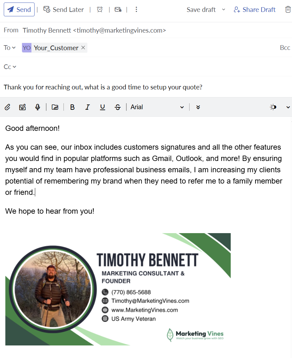 Email draft featuring a green-and-white Timoth Bennett business card with circular portrait and Marketing Voice logo