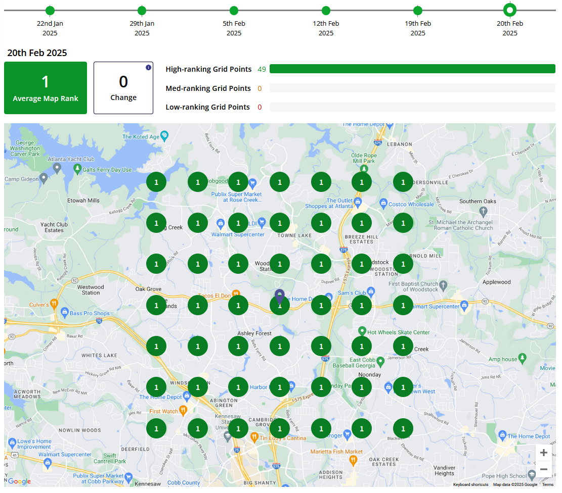 Map dashboard with many green and blue location markers arranged in a grid over a city map.