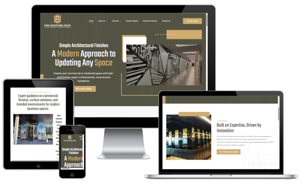 Responsive website shown on desktop, tablet, and laptop screens with a modern office design