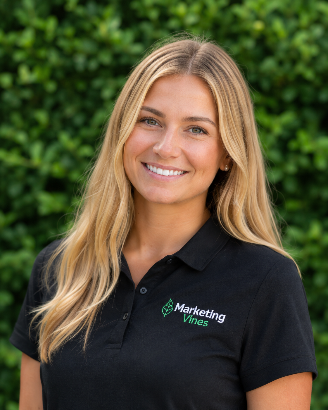 Sophie Mercer, Lead Web Designer & Developer Smiling woman in a black Marketing Files polo shirt standing outdoors before green foliage