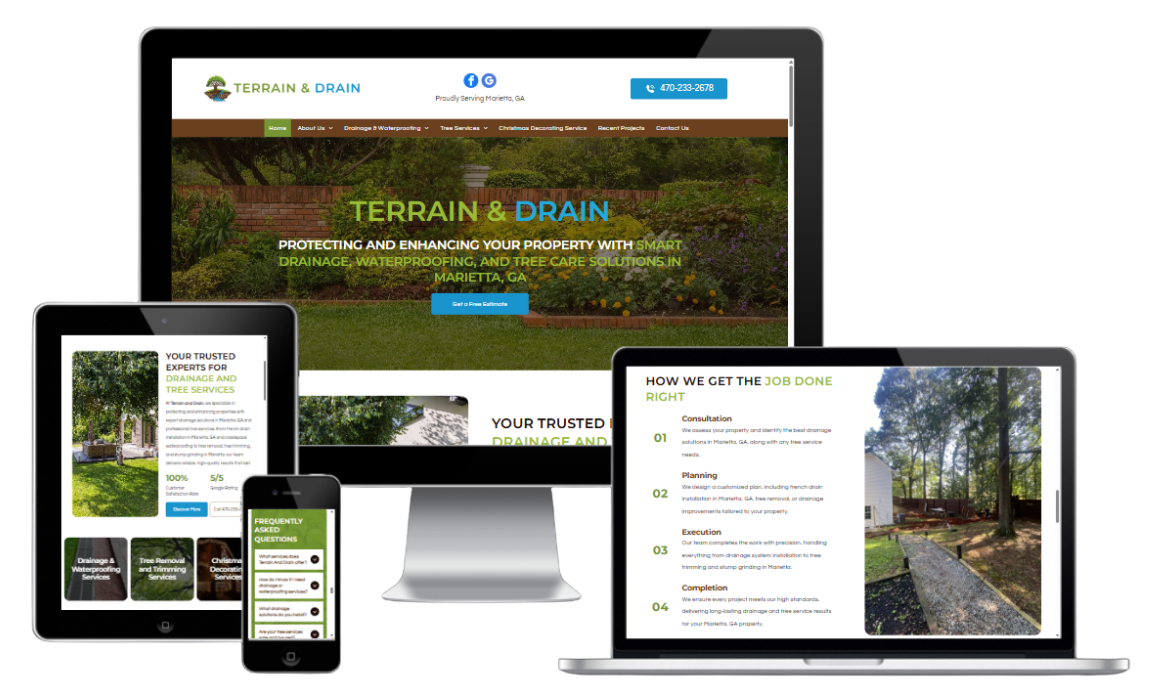 Responsive website shown on desktop, laptop, tablet, and phone screens