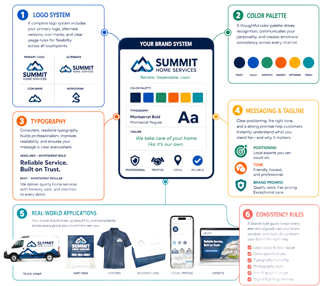Brand style guide infographic with logo, blue-green color palette, typography, icons, and sample marketing materials