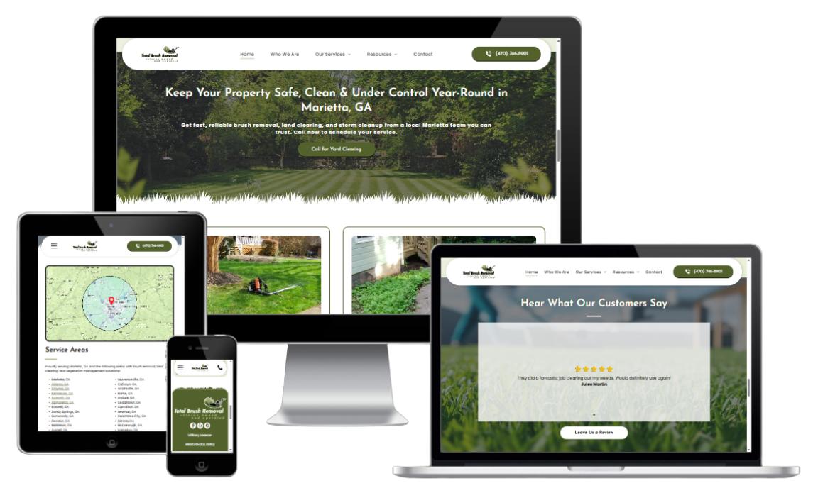 Website shown on desktop, laptop, tablet, and phone with green nature-themed design