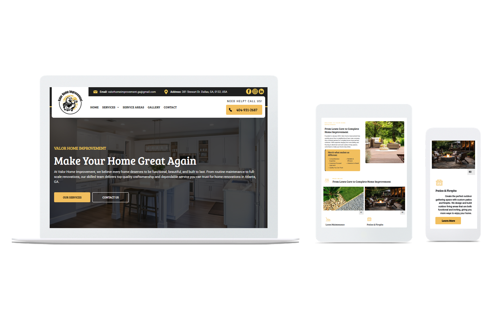 Laptop, tablet, and phone showing a real estate website homepage on a white background