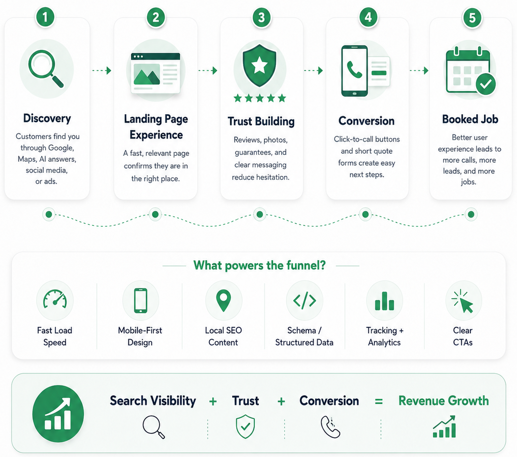 Green workflow infographic with 5 steps: discovery, landing page, trust building, conversion, and social job leads.