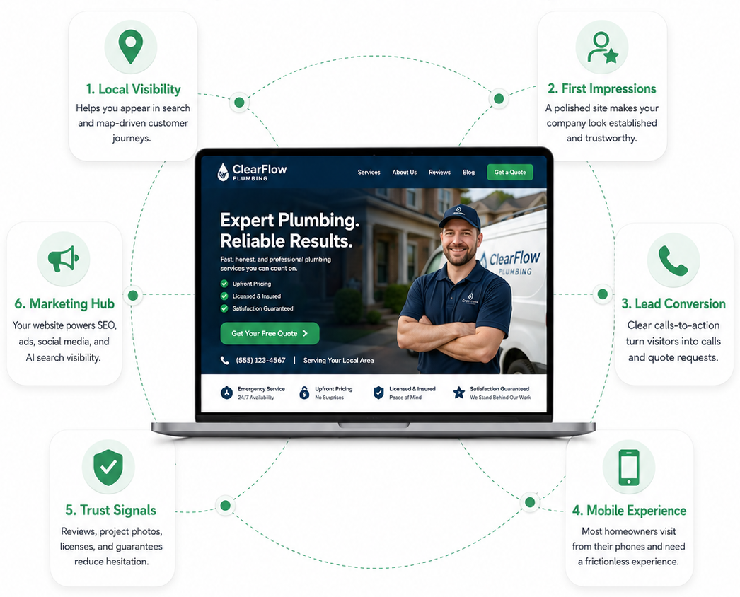 Plumbing service website mockup with a laptop and green contact icons on a white background