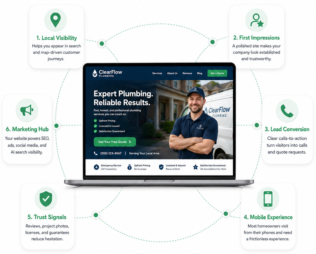 Laptop website mockup for plumbing services, with six green feature callouts around it