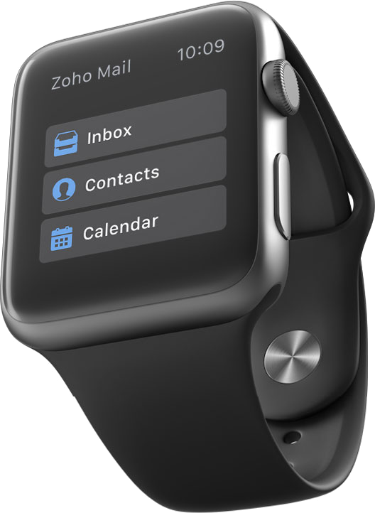 Apple Watch displaying Zoho Mail app with Inbox, Contacts, and Calendar options on screen