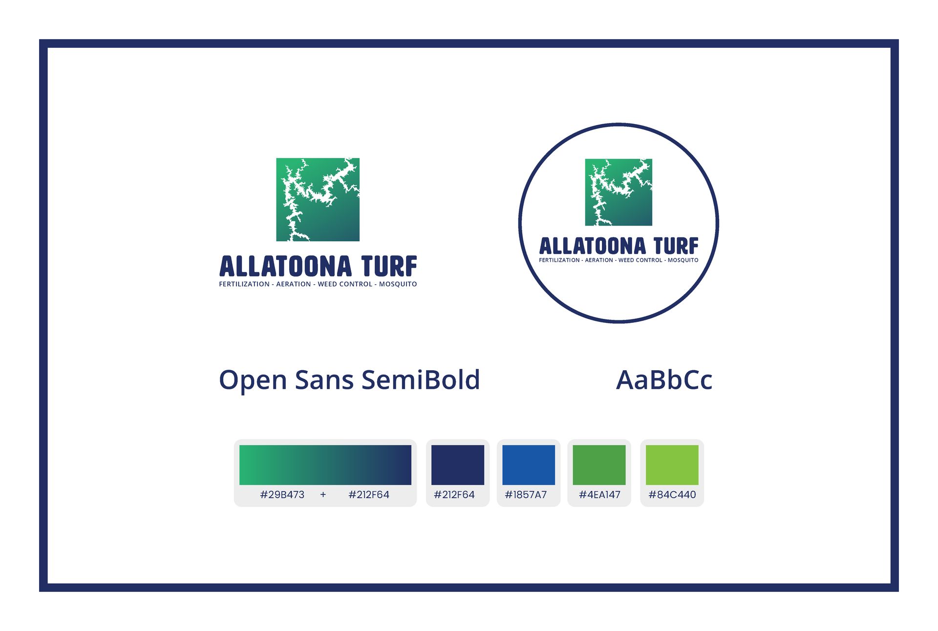 Alladona Turf logo designs on white background, blue and green color palette, with font and color samples