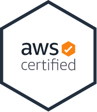 AWS Experience & Cloud Infrastructure AWS Certified logo inside a dark hexagon outline with orange checkmark badge